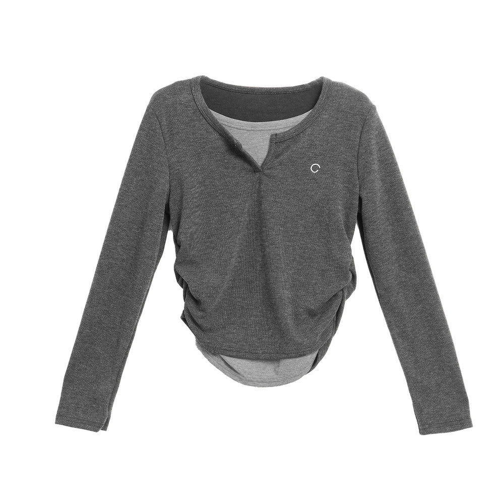 V領假兩件長袖T恤女春秋設計感小眾修身正肩打底衫上衣