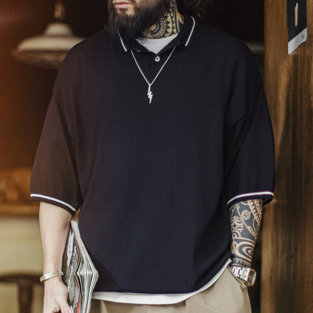 馬登工裝 美式機能Polo衫老錢風山系黑色T恤寬鬆垂感短袖男夏