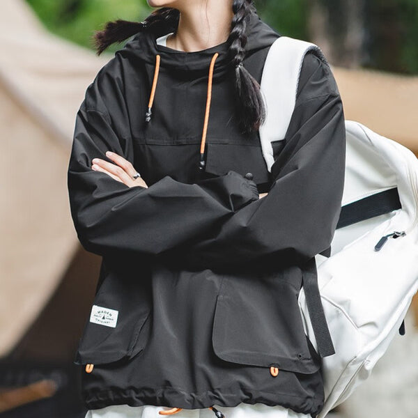 馬登女裝 山系戶外休閒多口袋連帽衝鋒衣防風套頭上衣美式夾克外套