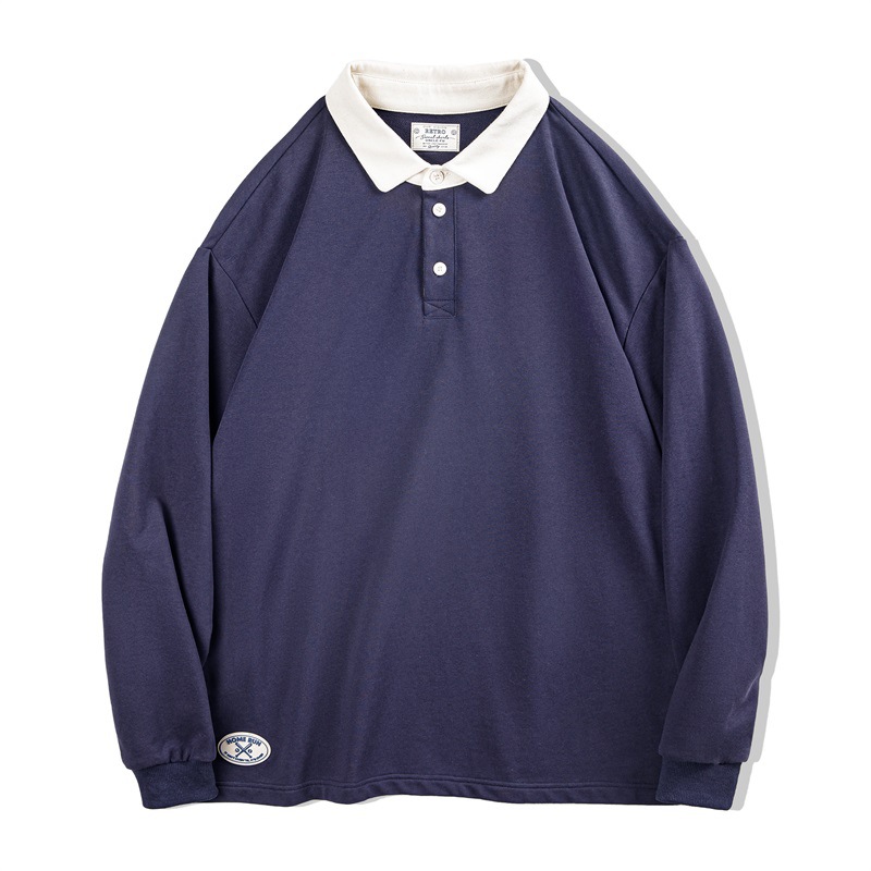 馬登工裝 美式復古針織撞色Polo衛衣學院風寬鬆翻領長袖上衣