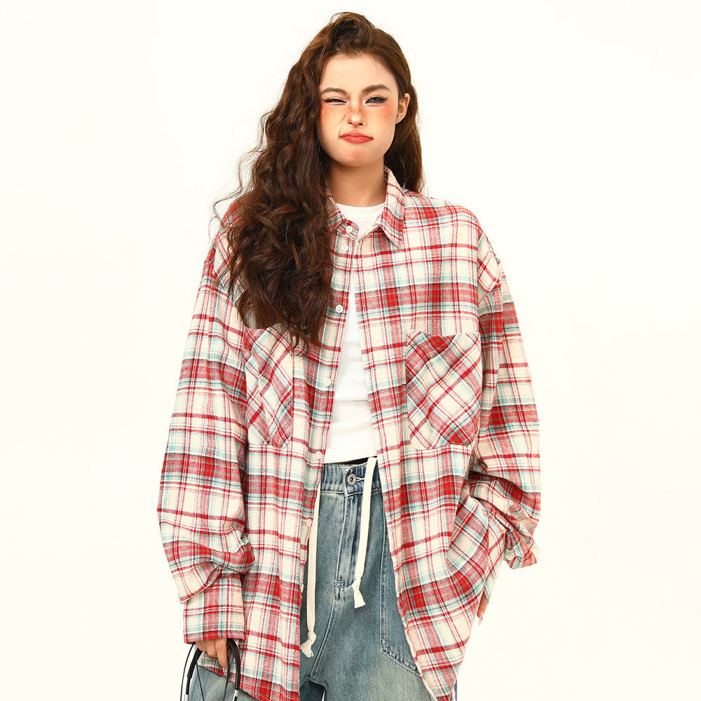 美式復古磨毛格紋長袖襯衫女秋季慵懶外穿格子寬鬆襯衣外套