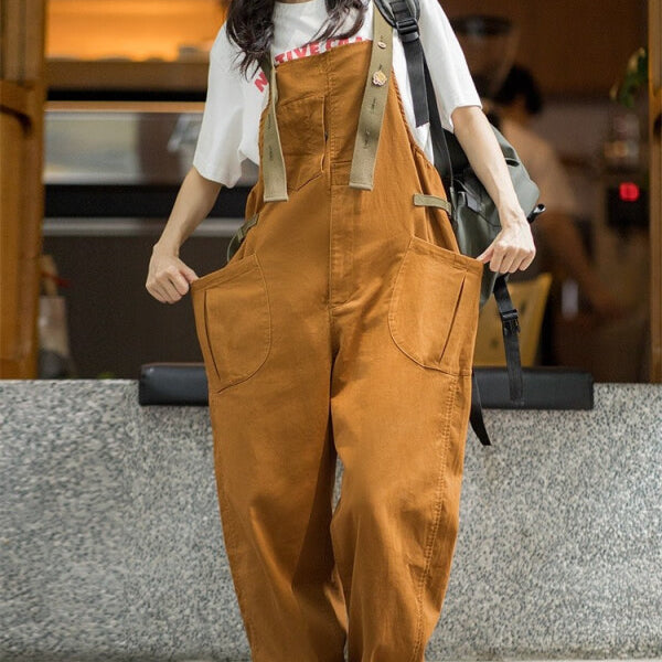 馬登女裝 美式復古减齡寬鬆背帶褲大口袋直筒吊帶連體工裝長褲