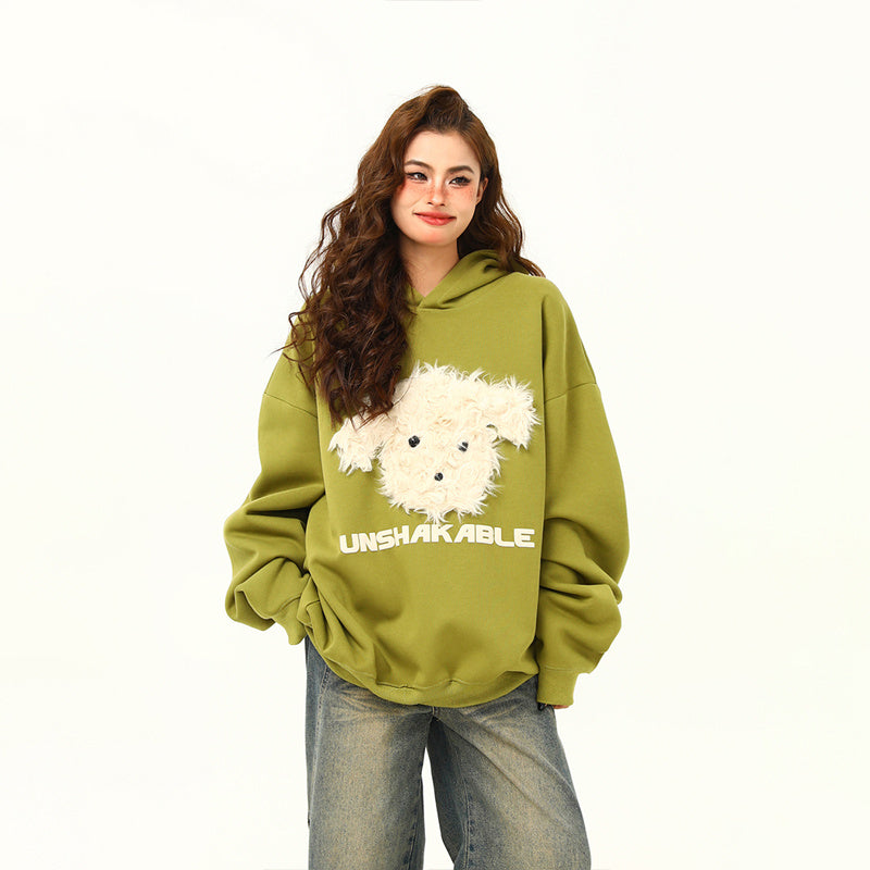 美式復古毛絨小狗刺繡連帽衛衣秋冬百搭休閒寬鬆情侶衛衣外套