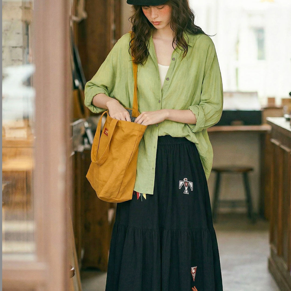 馬登女裝 綠色仿天絲垂感輕薄襯衣翻領寬鬆休閒長袖襯衫外套女春夏