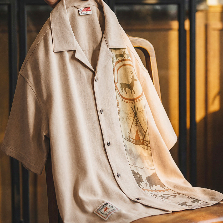 馬登工裝 美式復古印花古巴領襯衫印第安薄款短袖棉襯衣外套男士夏