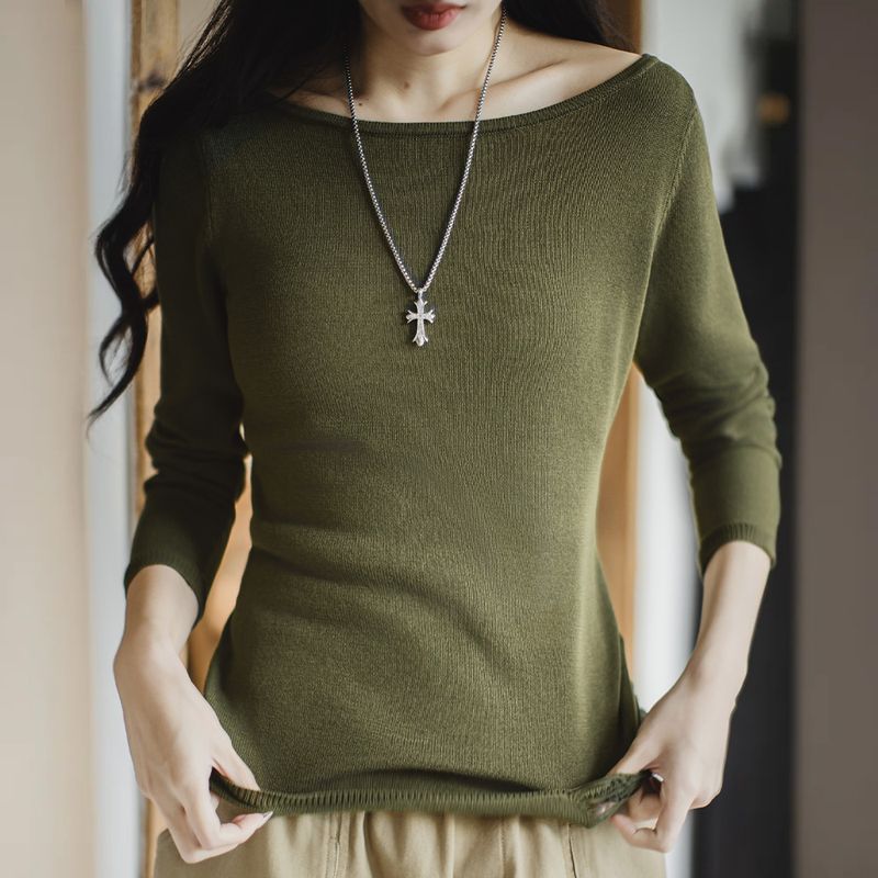 馬登女裝 毛紗一字領面膜T恤揚子紗破洞設計感打底衫修身長袖上衣