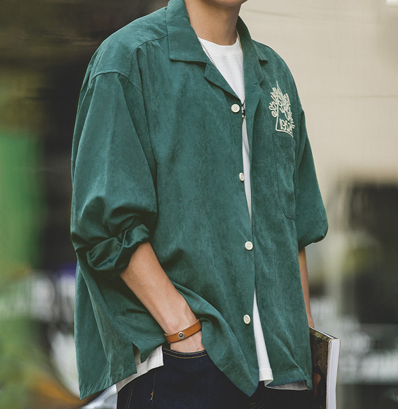 馬登工裝 美式復古桃皮絨磨毛襯衫寬鬆翻領保齡球刺繡襯衫男潮