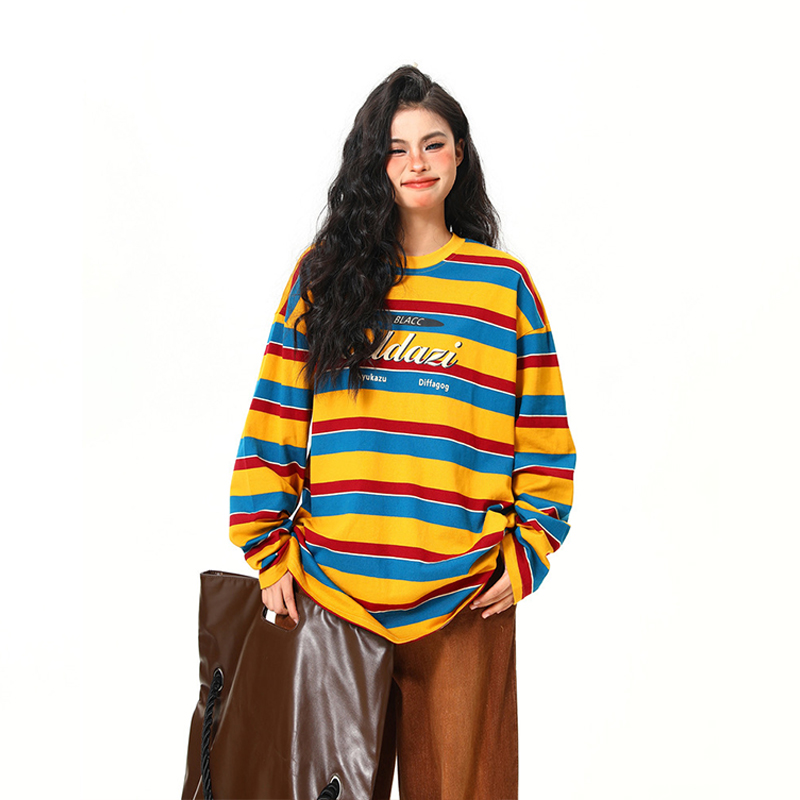 美式復古彩虹條紋長袖衛衣T恤女撞色氛圍感秋季寬鬆上衣