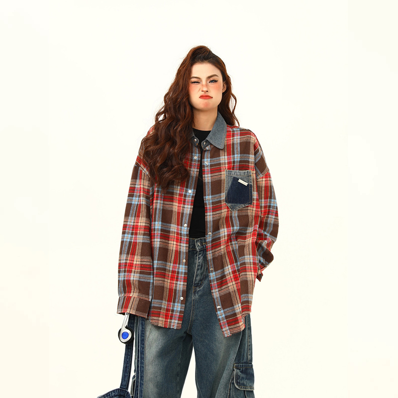 高級感外穿格子襯衫女復古寬鬆百搭早秋黃色格紋襯衣外套