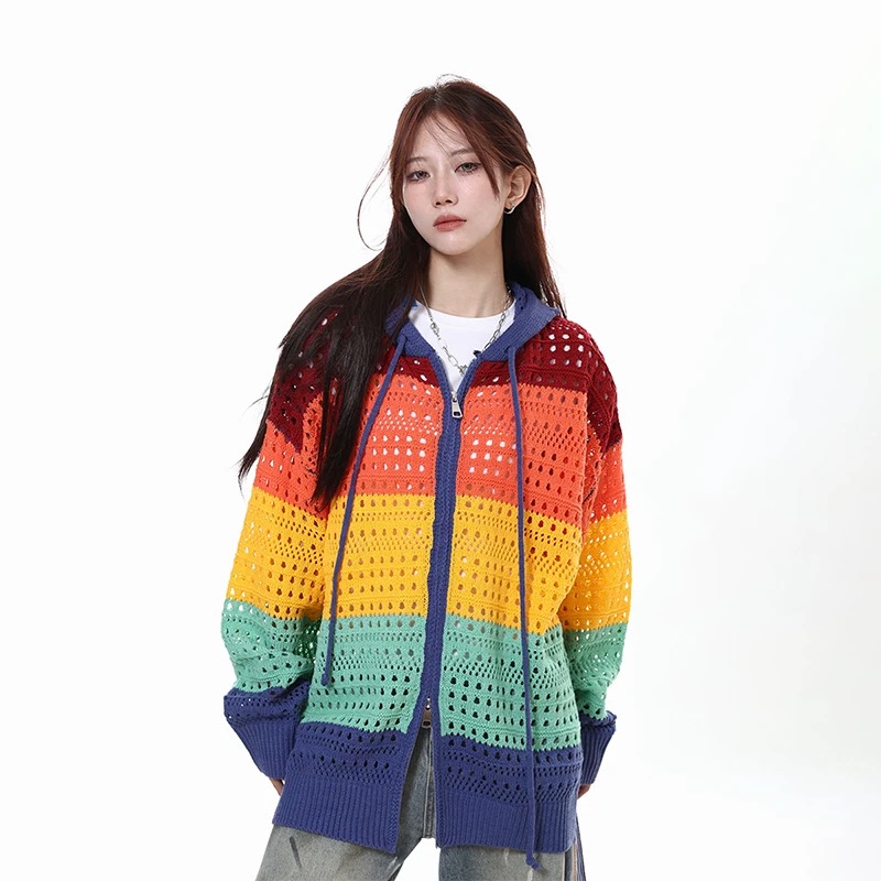 美式復古彩色條紋針織鏤空連帽開衫撞色氛圍感毛衣外套