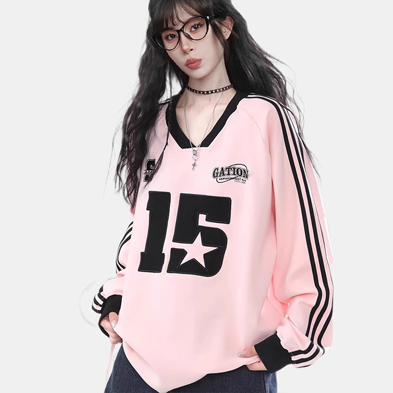 粉色多巴胺正肩V領寬鬆長袖衛衣春秋套頭運動上衣情侶