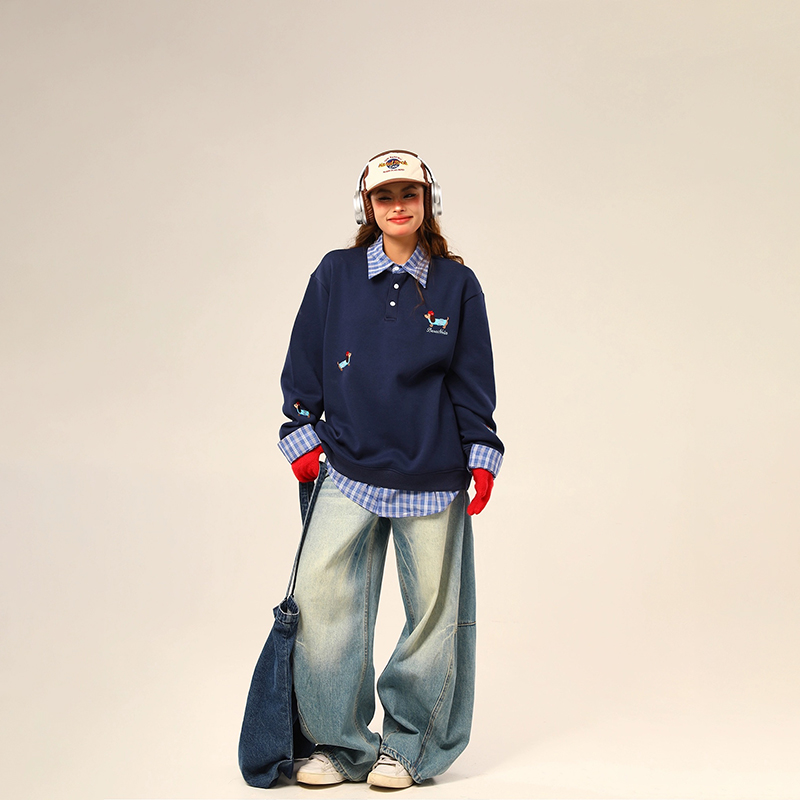 美式復古格紋拼接Polo領加絨衛衣學院風襯衫拼接假兩件情侶套頭上衣