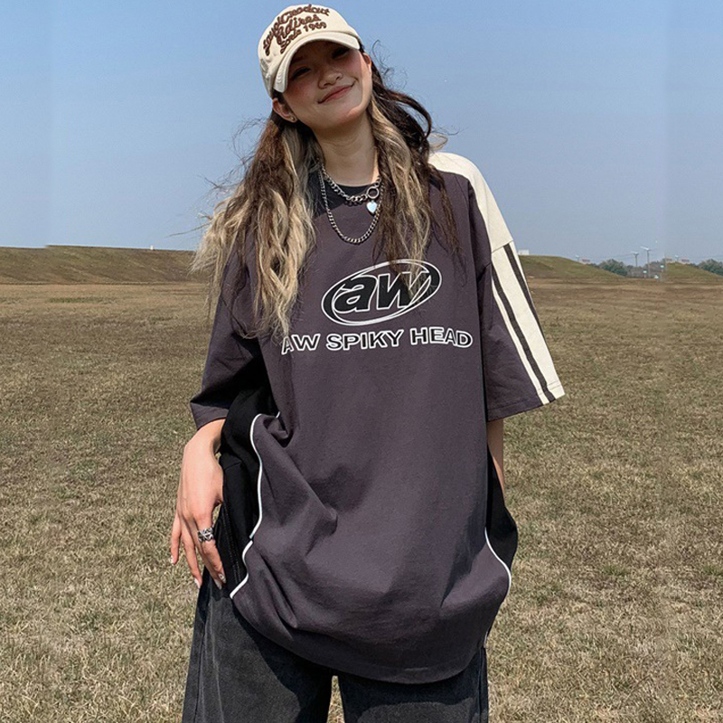 美式運動拼接短袖T恤女寬鬆純棉ins街潮字母情侶Tee