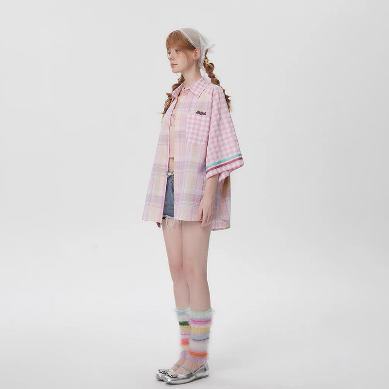 美式復古拼接粉色格子設計感短袖襯衫女寬鬆襯衣外套