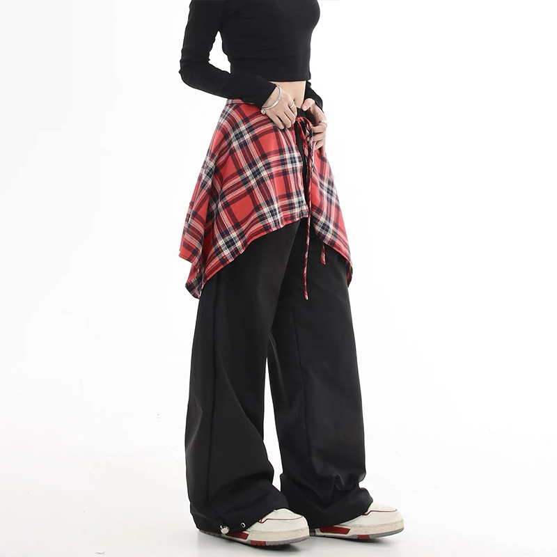 美式復古可拆卸格子裙擺休閑褲男女直筒Hiphop街舞褲子