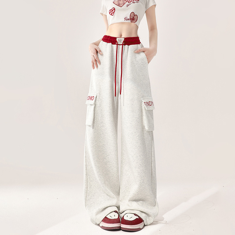 美式復古工裝風拼色腰頭運動衛褲寬鬆垂感闊腿爵士舞休閒褲