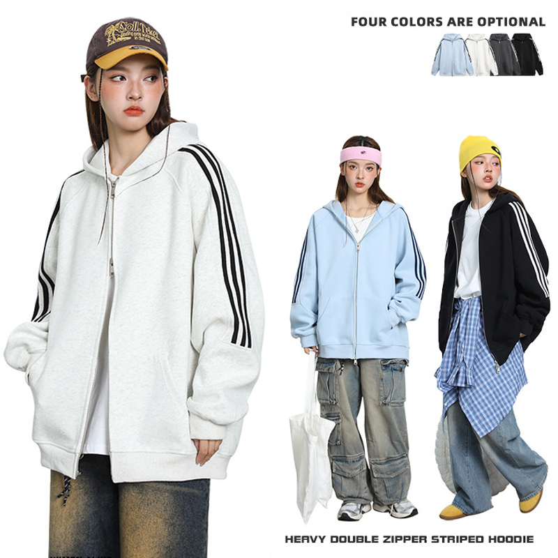 美式重磅潮牌三條槓條紋連帽衛衣外套春秋百搭休閒情侶套裝