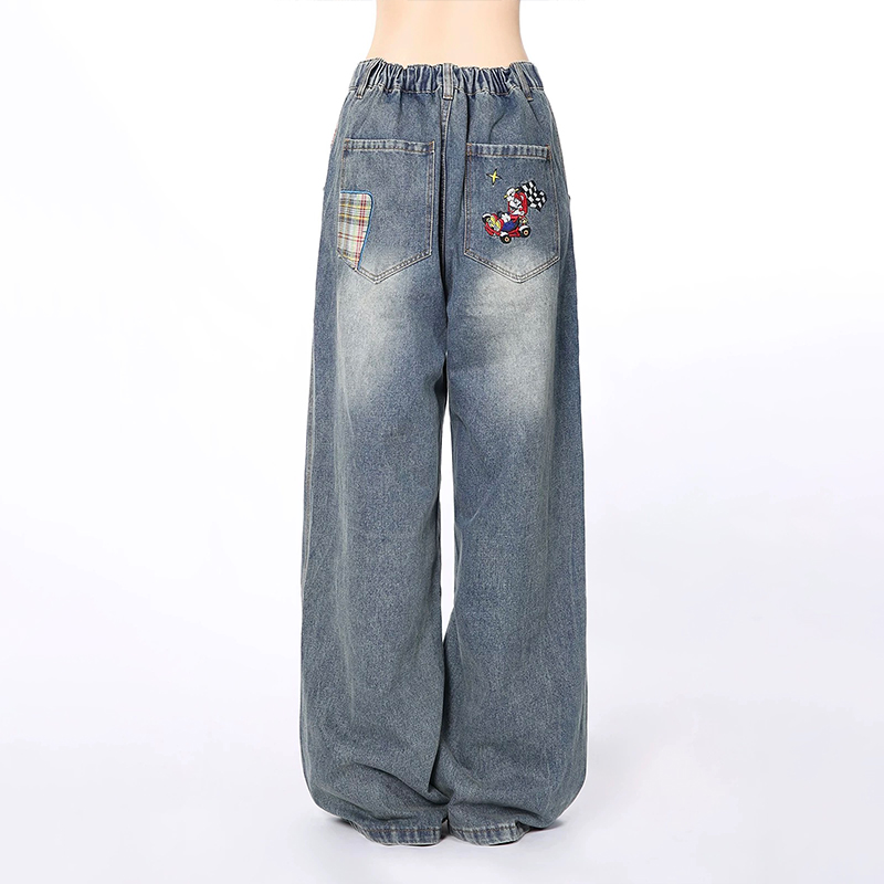 美式復古趣味圖案刺繡做舊牛仔長褲設計感小眾直筒情侶牛仔褲