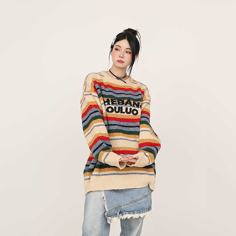 美式復古彩色條紋秋冬加厚針織衫寬鬆設計感慵懶風情侶毛衣