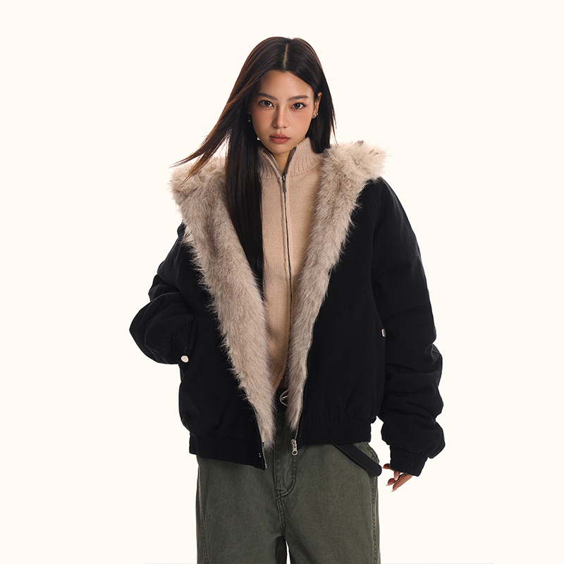 美式復古座山雕毛領外套女冬季加絨加厚保暖工裝夾克棉服