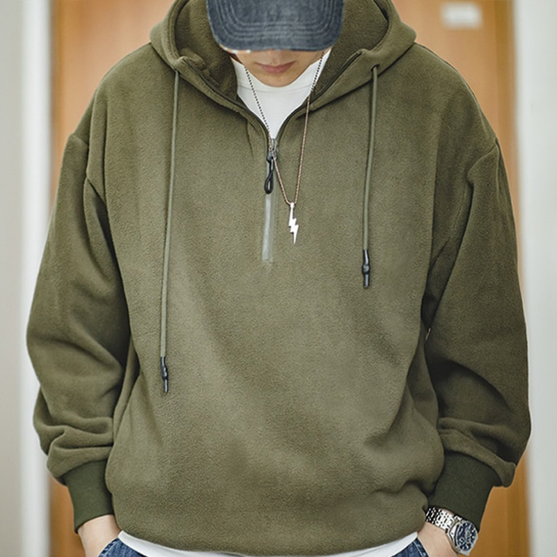 馬登工裝 復古半拉鏈抓絨衛衣保暖加絨美式套頭帽衫外套