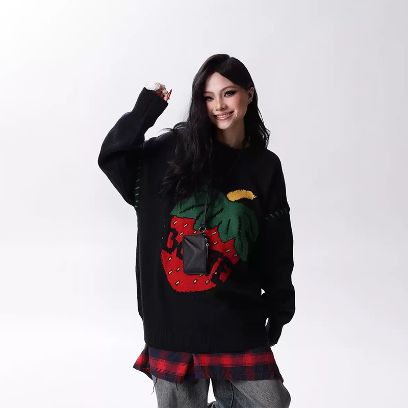 美式甜酷草莓提花針織衫慵懶風軟糯寬鬆情侶毛衣