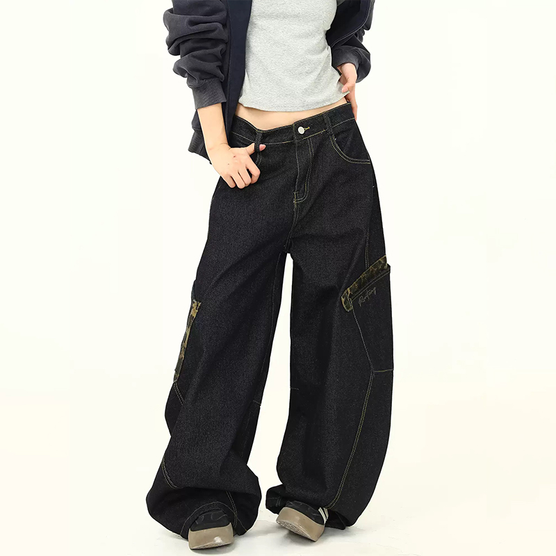 美式復古街頭設計感廓形彎刀牛仔褲多口袋潮流寬鬆香蕉褲