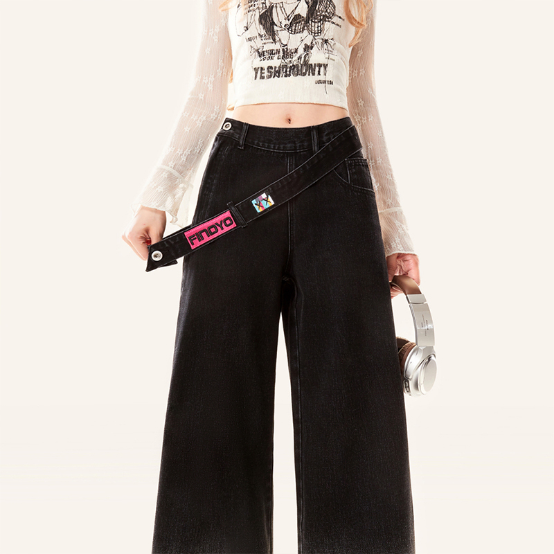側邊拉鍊漸變黑色牛仔褲秋季高腰美式寬褲梨型身材寬鬆長褲