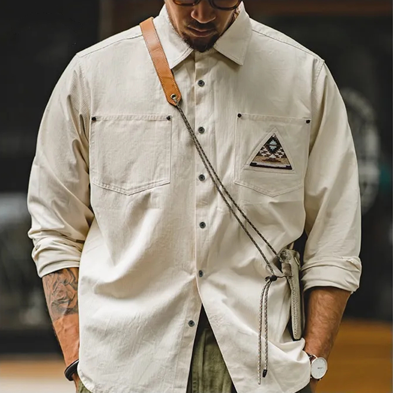 馬登工裝 復古印第安圖騰米白色長袖襯衫拼接口袋疊穿襯衫