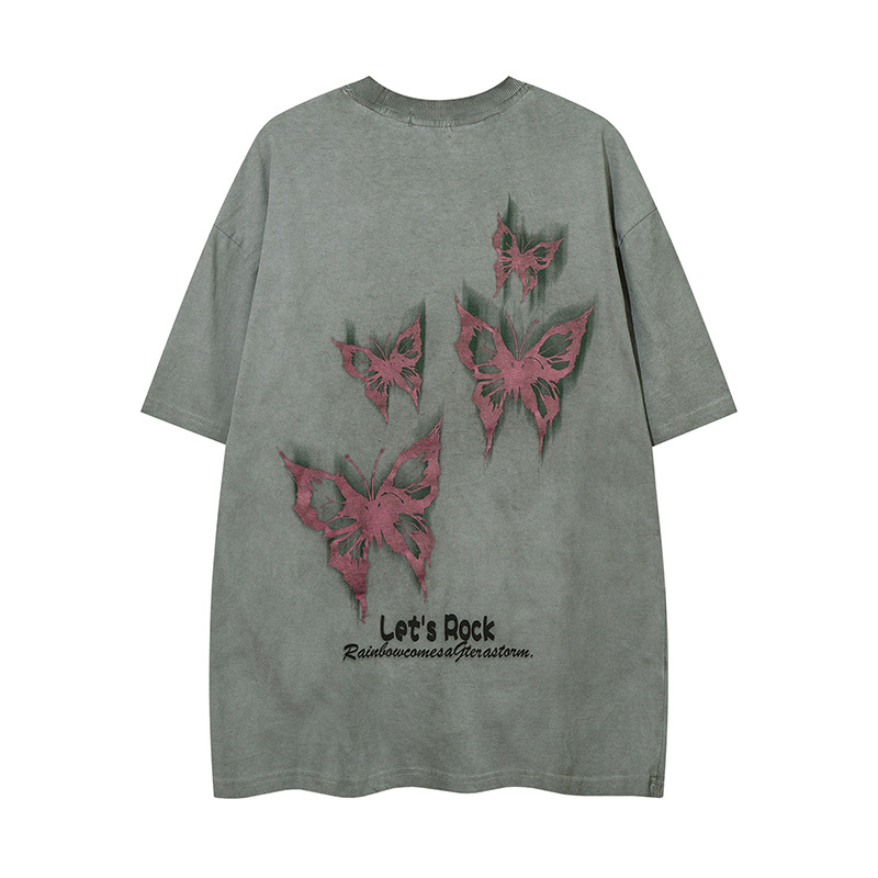 美式復古哥特風蝴蝶印花Chic寬鬆T恤潮流設計感情侶短袖上衣