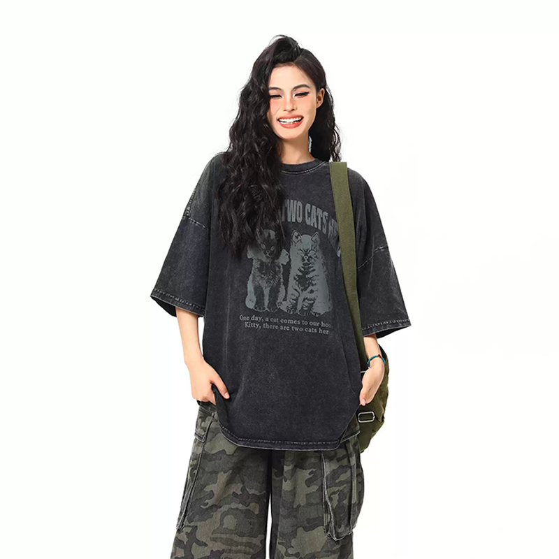 美式復古黑貓印花短袖T卹夏季寬鬆水洗做舊潮牌情侶Tee