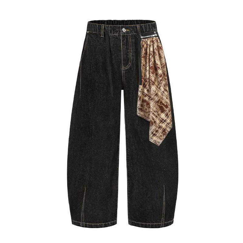 美式復古丹寧原色彎刀牛仔褲可拆式方巾寬褲休閒褲