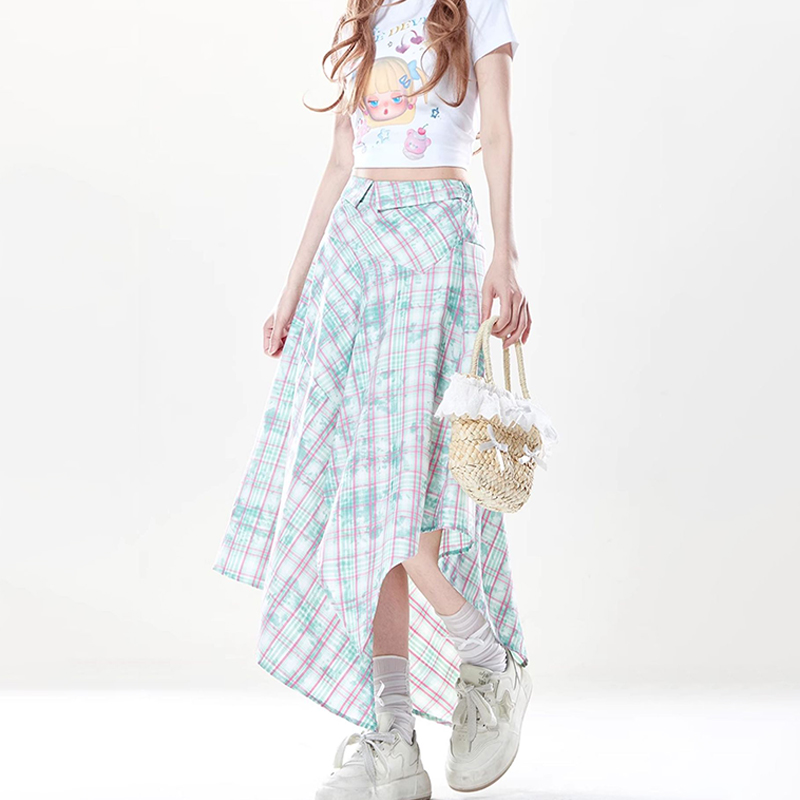 美式不規則翻腰頭設計感紮染格紋半身裙夏季休閒中長裙子