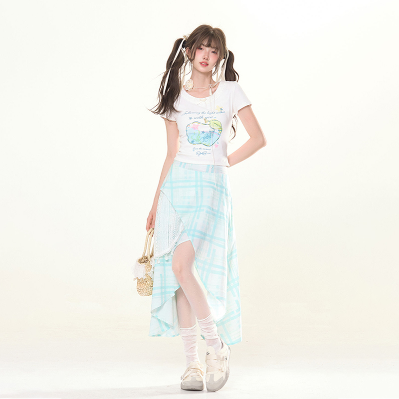 蕾絲拼接半身裙不規則設計感清新高腰百搭小眾裙