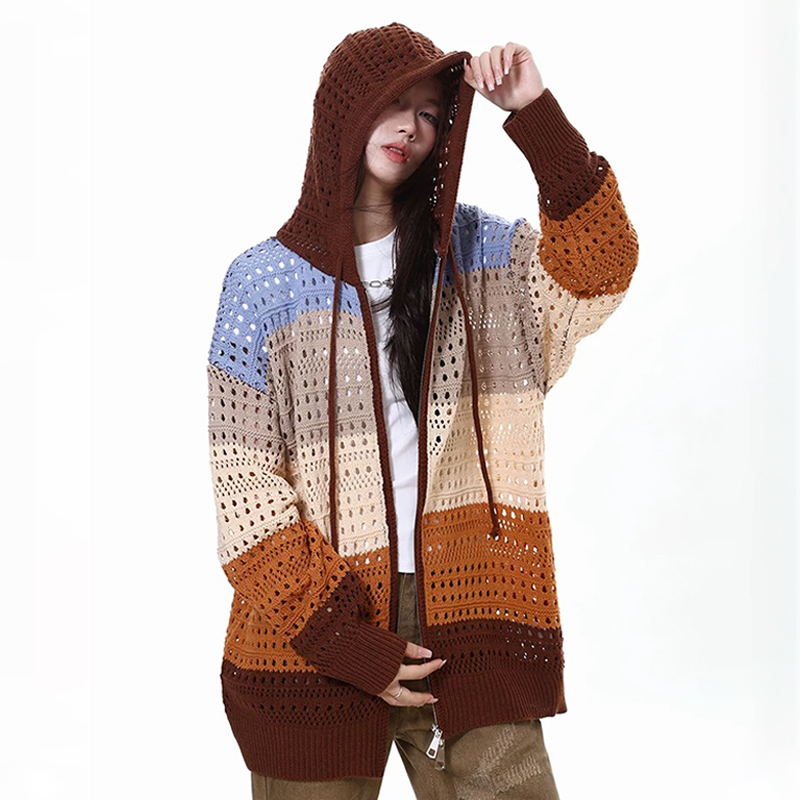 美式復古彩色條紋針織鏤空連帽開衫撞色氛圍感毛衣外套