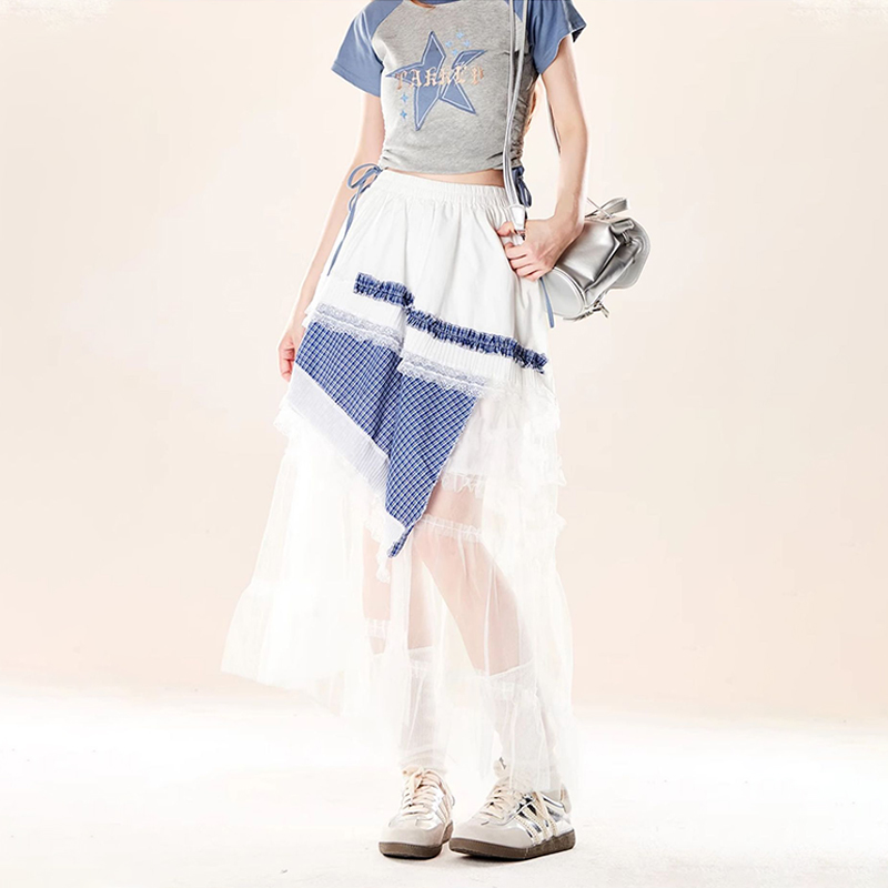 設計感花邊拼接格紋拼色長裙女夏季層疊荷葉邊不規則半身裙