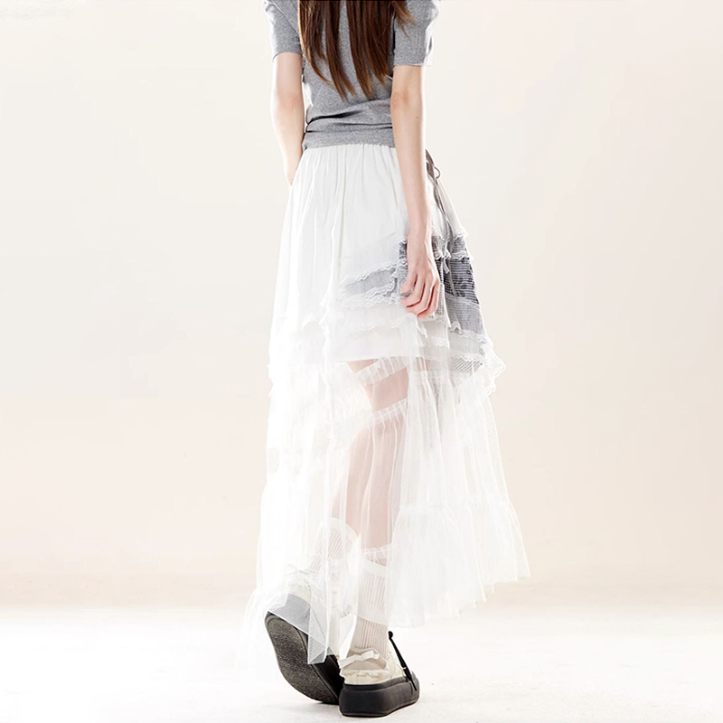 純欲辣妹不規則蕾絲拼接半身裙設計感花邊格紋拼色夏季高腰長裙