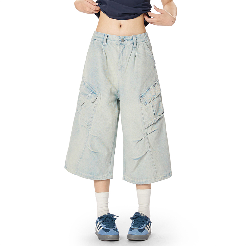 美式復古水洗做舊牛仔短褲男女潮牌高級痞帥風闊腿七分褲