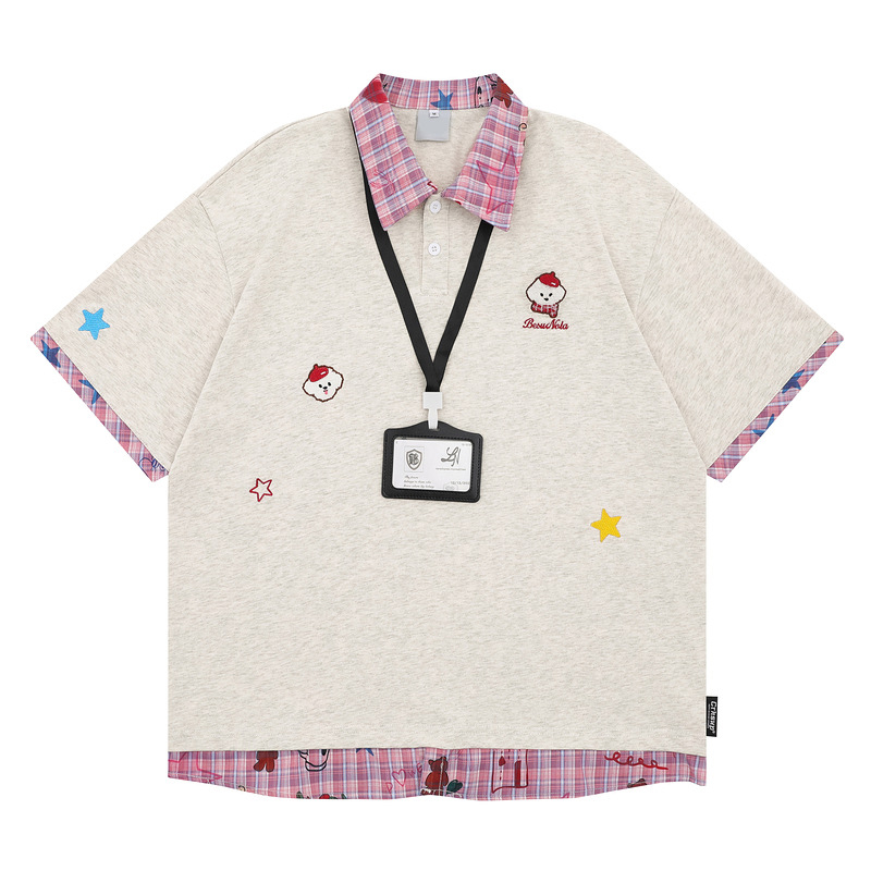 美式刺繡小狗格紋Polo領短袖T卹寬鬆學院風假兩件半袖