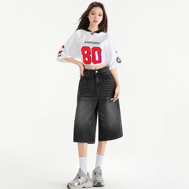 美式復古高腰顯瘦寬鬆褶皺七分褲做舊設計感七分闊腿牛仔褲