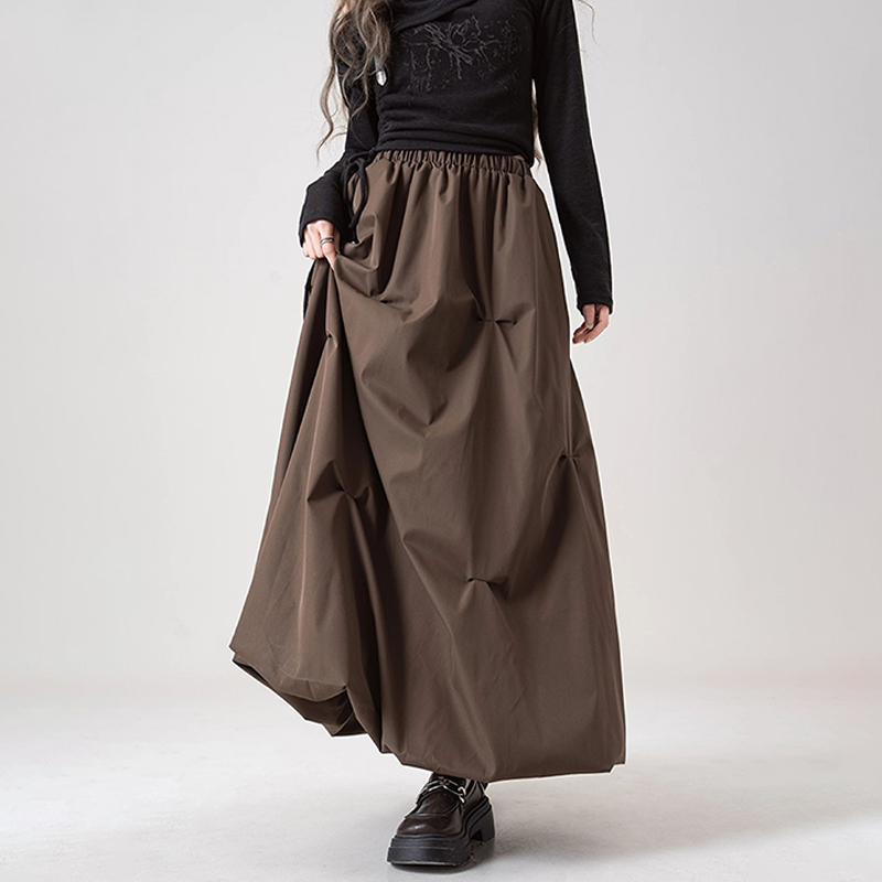 美式復古咖色褶皺花苞半身裙春夏高腰辣妹A字長裙