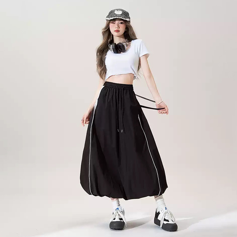 美式復古運動風花苞工裝裙女夏季薄款撞色高腰抽繩速乾A字蓬蓬半身裙