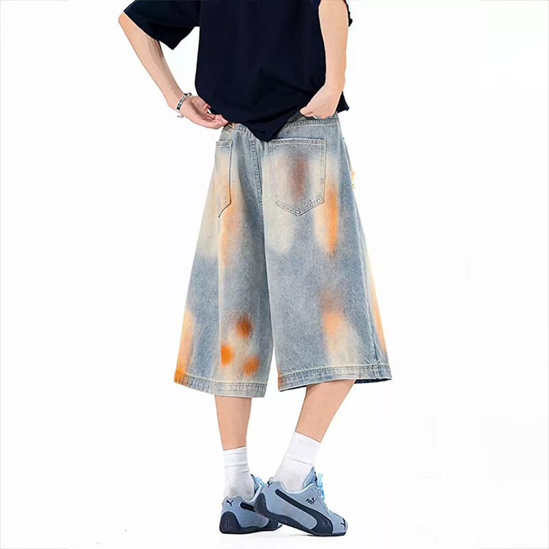 廢土風美式髒染破洞牛仔短褲夏季復古設計感hiphop闊腿七分褲