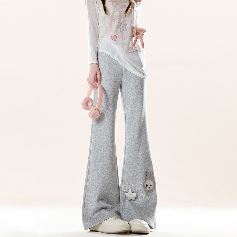 美式復古甜美可愛貼布繡休閒衛褲修身微喇舒適寬鬆闊腿喇叭褲