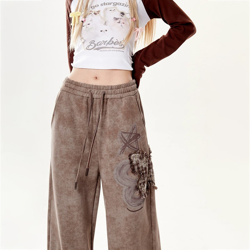 美式復古蝴蝶貼布繡衛褲秋冬設計感休閒寬鬆闊腿運動褲