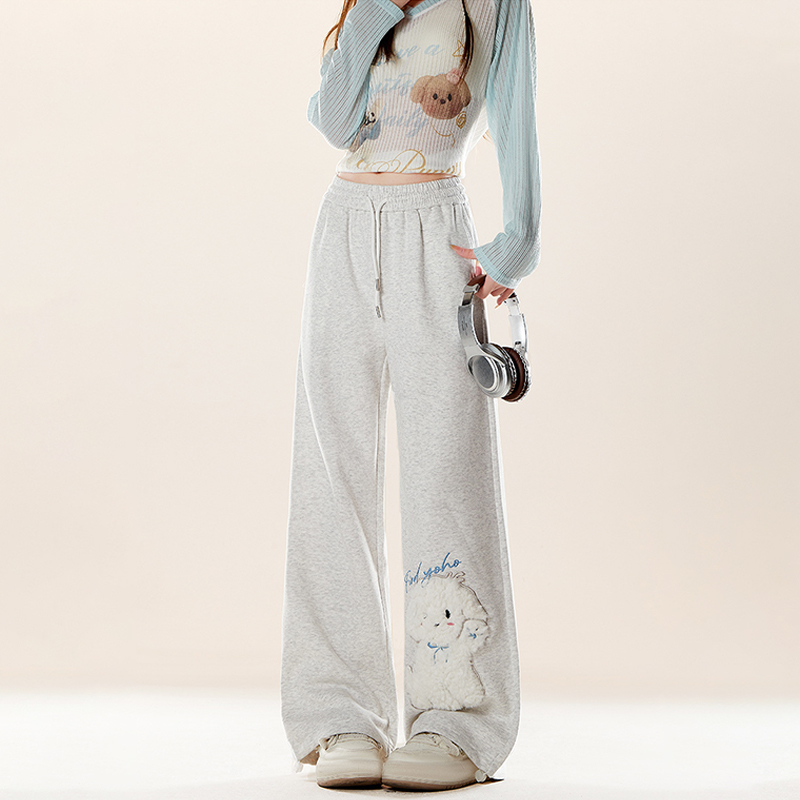 美式復古可愛小狗貼布繡休閒衛褲百搭直筒寬鬆運動闊腿褲