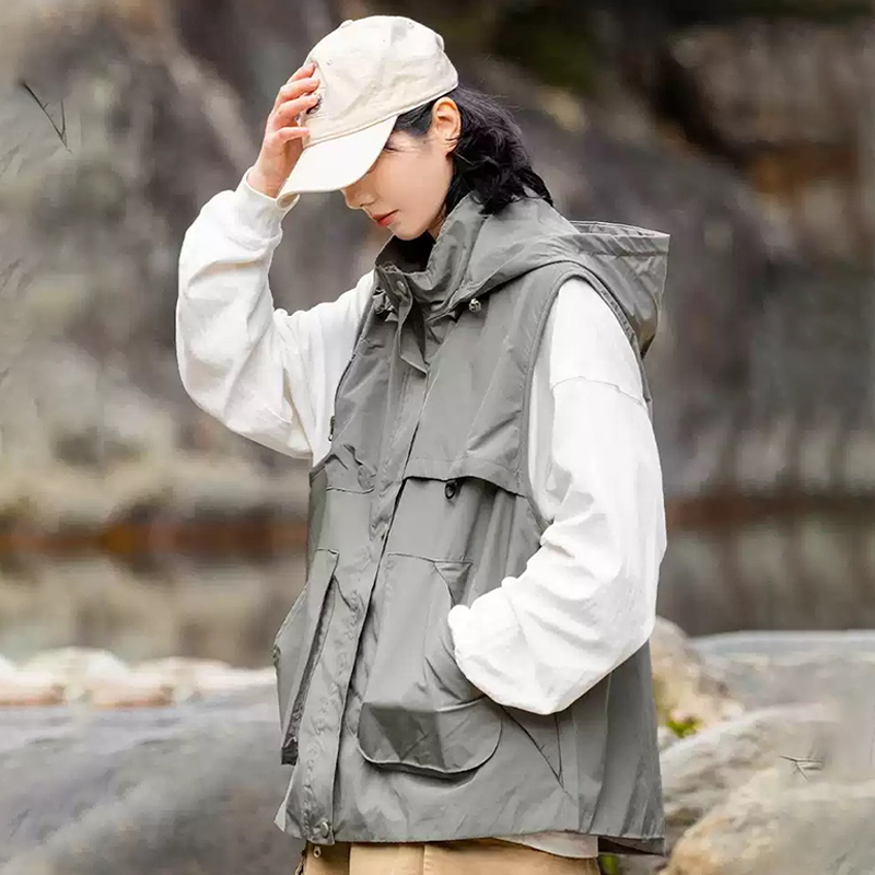 山系戶外機能馬甲潮流女生復古連帽多口袋無袖坎肩寬鬆工裝馬甲