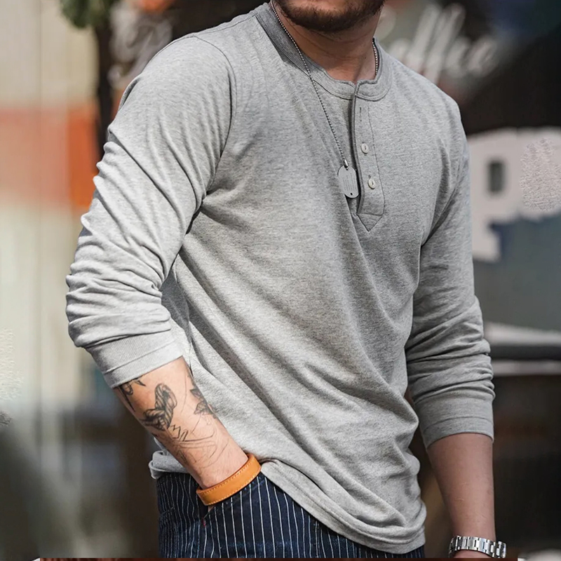 馬登工裝 美式復古重磅長袖亨利衫T卹開領硬漢外穿打底衫