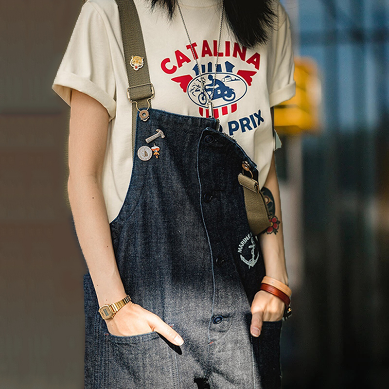 馬登女裝 美式復古重磅連體工裝褲休閒直筒闊腿長褲寬鬆牛仔背帶褲