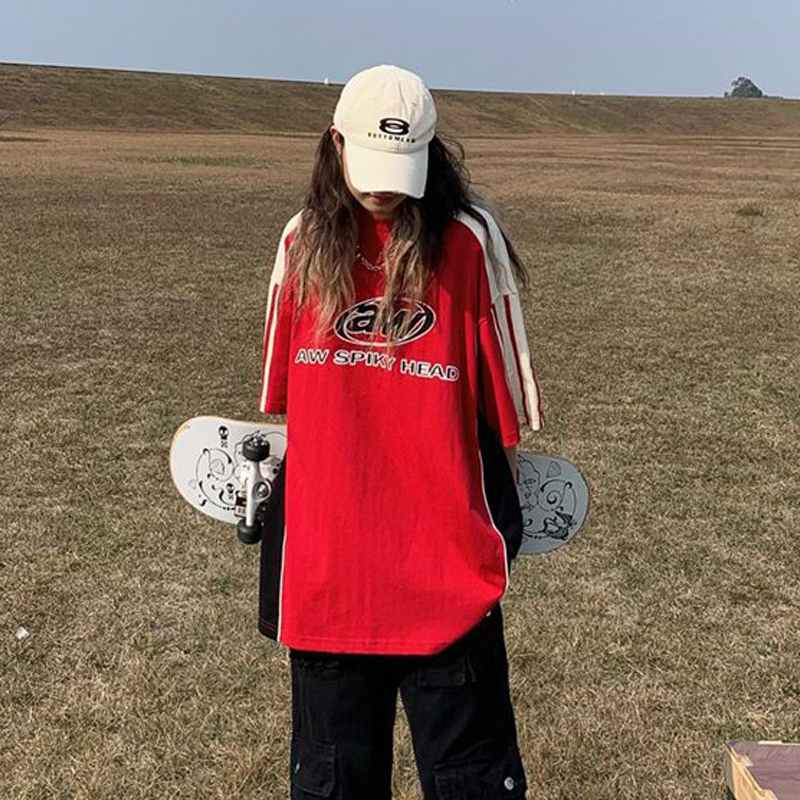 美式運動拼接短袖T恤女寬鬆純棉ins街潮字母情侶Tee